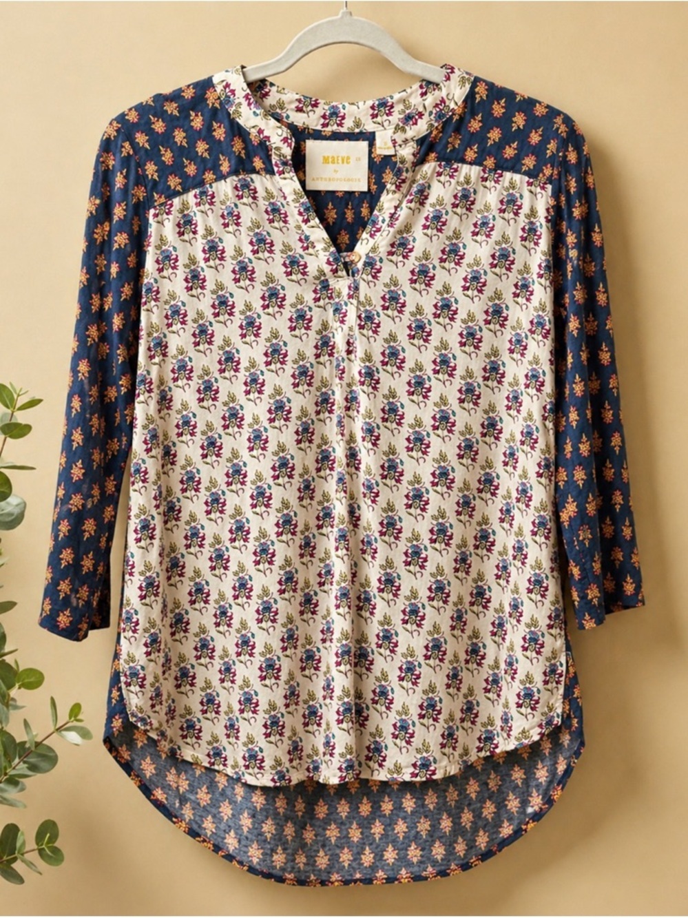 Maeve by Anthropologie Mixed Print Boho Tunic Top Size Small Floral 3/4 Sleeve